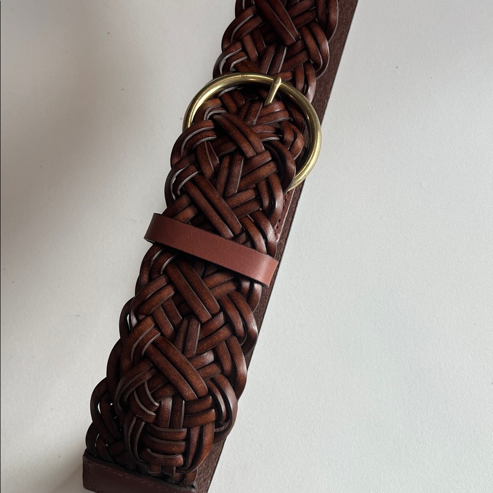 LOFT - M, Brown Leather Braided Belt with Brass Buckle - Picture 3 of 7